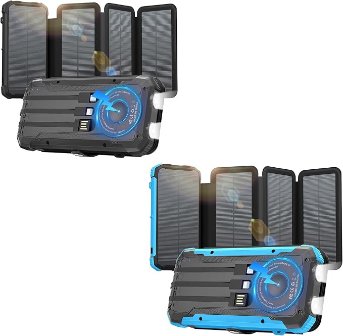Solar Power Bank 20000mAh Portable Charger Built-in 3 Cables and Wireless Charging Battery Pack Compatible for iPhone, iPad, Bright 2 LED Flashlight Perfect for Camping (Black and Blue)