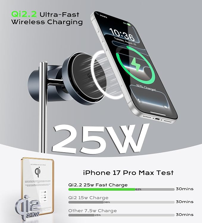 Qi2.2 Charging Station for Apple, 25W 3 in 1 Magsafe Charger Stand with Active Cooling Fan, Magnetic Wireless Charger for iPhone 17/16/15/14/13/12, Apple Watch, AirPods (with 45W Adapter)
