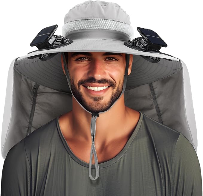 Chuarry Wide Brim Sun Hat with 2 Solar Fans and Neck Flap Outdoor Solar Powered USB Charging Bucket Fishing Hat for Men Women