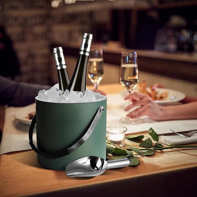 Bakpoco 3L Ice Bucket with Silicone Lid, Scoop, Tongs & Strainer, Stainless Steel Double Wall Insulated Ice Buckets for Parties & Cocktail Bar, Outdoor Champagne Ice Container Bin, Dusty Green