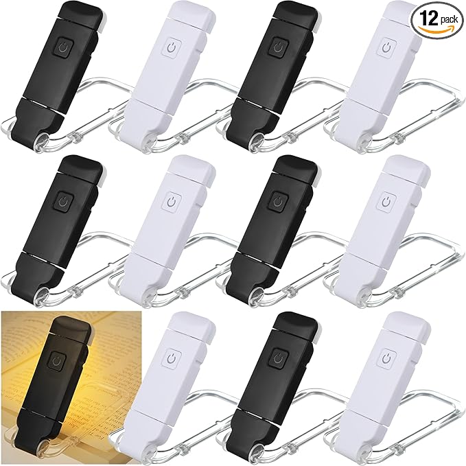 Retisee 12 Pack USB Rechargeable Book Light for Reading in Bed Foldable Clip on LED Booklight 3 Amber Colors &2 Brightness Dimmable Long Lasting Portable Bookmark Lamp for Book Lovers
