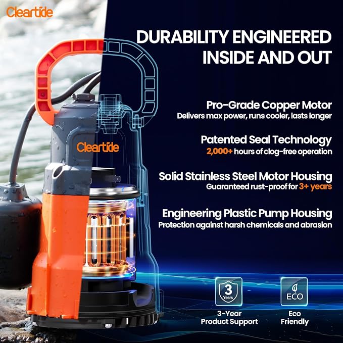 Cleartide Submersible Utility Pump with Float Switch, 2160 GPH High Flow, Water Pump with Copper Motor, Ideal for Yard and Flooded Cellar, Hot Tub, Garden Irrigation