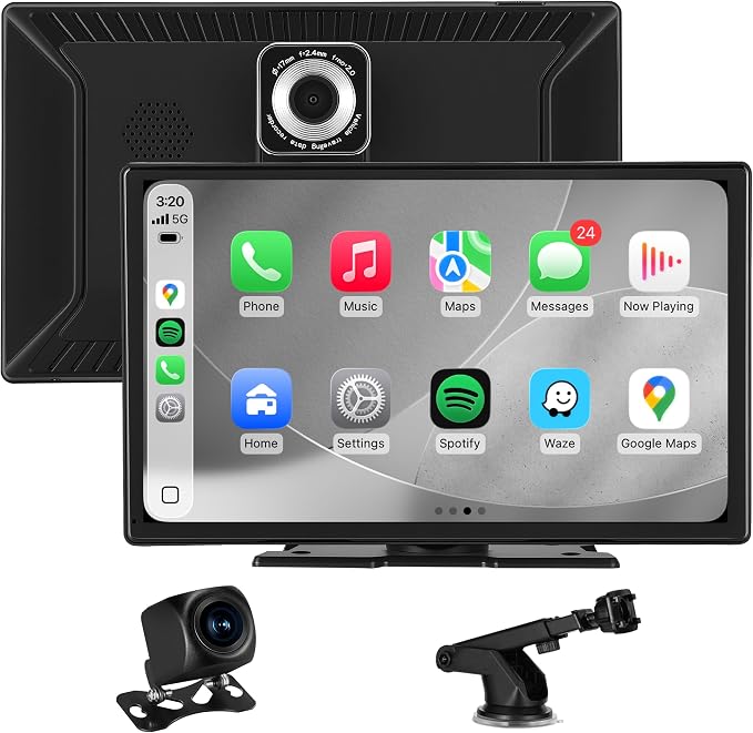 9'' Wireless CarPlay Screen for Car, Apple Car Play & Android Auto Car Stereo HD Touchscreen with 4K Dash Cam & 1080P Backup Camera, GPS Navigation & Mirror Link, for Most Vehicles