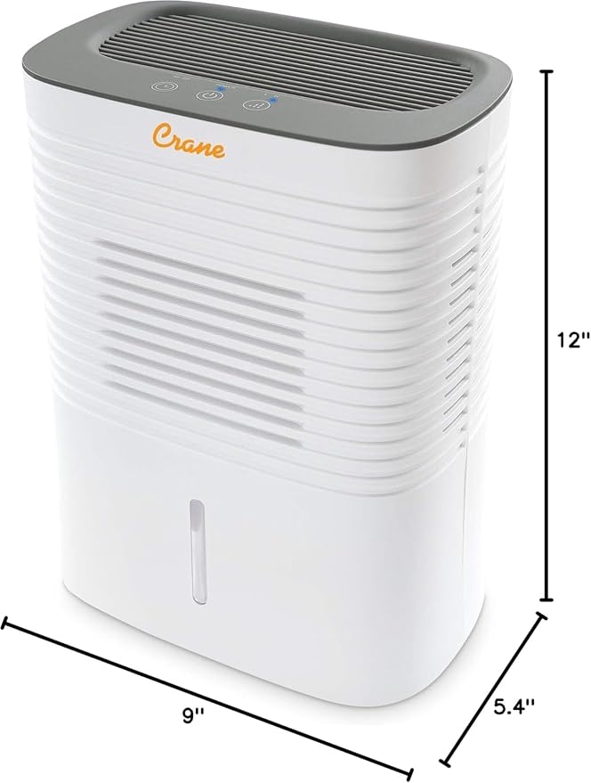 Crane Compact Dehumidifier for 300 Sq Ft Rooms, 0.5 Gallon Tank, For Basements, Bedrooms, Offices, Portable Dehumidifier, Auto Shut-Off, Whisper Quiet
