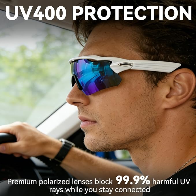 Bluetooth Smart Sunglasses for Men Women, Open-Ear Speaker Glasses with Touch Control, UV400 Polarized Lens, 5-6H Playtime for Outdoor Sports,White and Blue