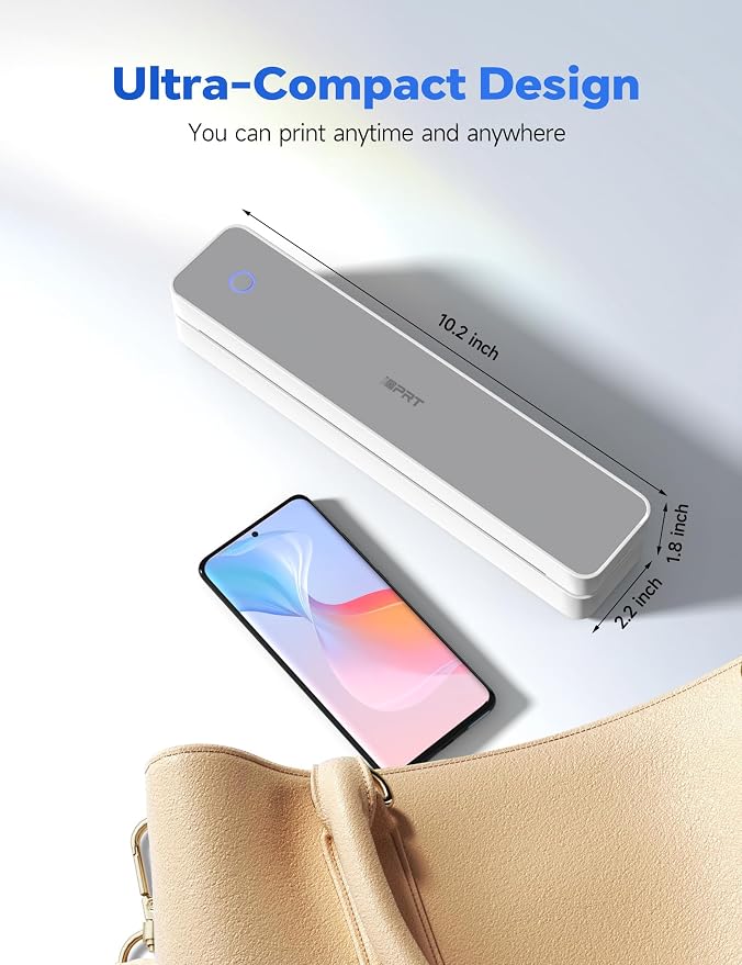 iDPRT MT610Pro Portable Thermal Printer with Case &200 Sheets Paper, 300DPI HD Mobile-Travel-Printers, Inkless-Wireless-Small-Printer for Home Use, Office, Vehicles, Bluetooth Printers, White
