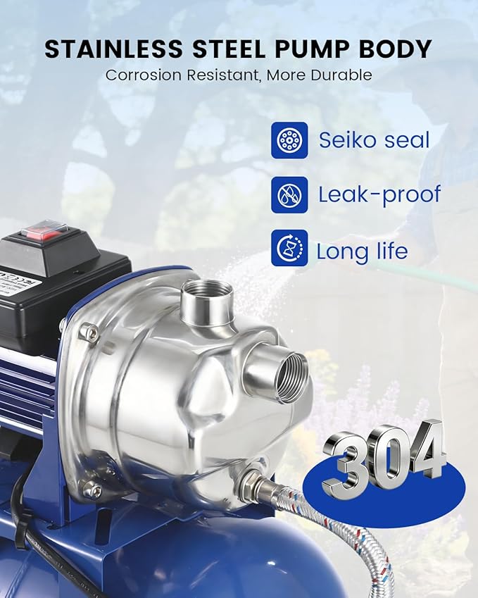 Powerful 1.6HP Shallow Well Pump with Pressure Tank, 1320GPH High Flow, 164ft Max Head, Stainless Steel Construction, Auto Pressure Switch - Ideal for Home/Farm/Garden/Yard Water Supply (Blue)