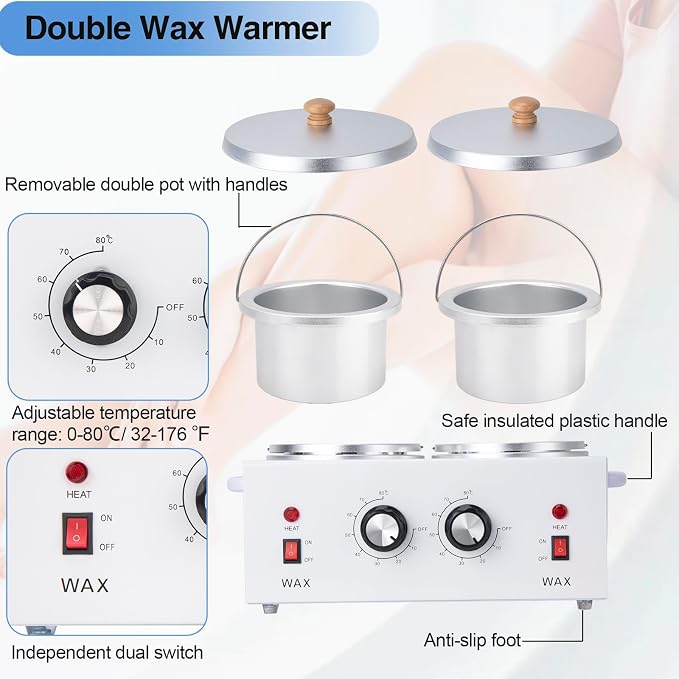 Double Wax Warmer Double Wax Pot Professional for Hair Removal, Electric Wax Heater Machine Dual Wax Pot Warmer Professional With Adjustable Temperature for Facial,Skin,Body,Spa, and Salon