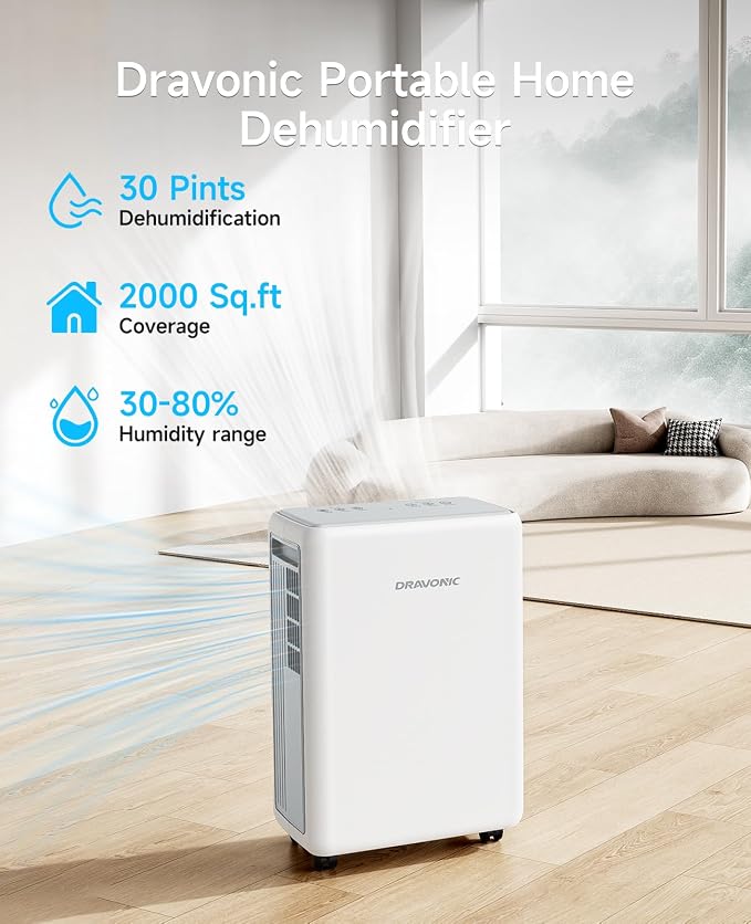 2000 Sq. Ft Dehumidifier for Basement, 30 Pint Dehumidifiers for Home, Bedroom and Bathroom, 3 Modes Dehumidifier with Drain Hose, Smart Humidity Control, 24H Timer, Child Lock