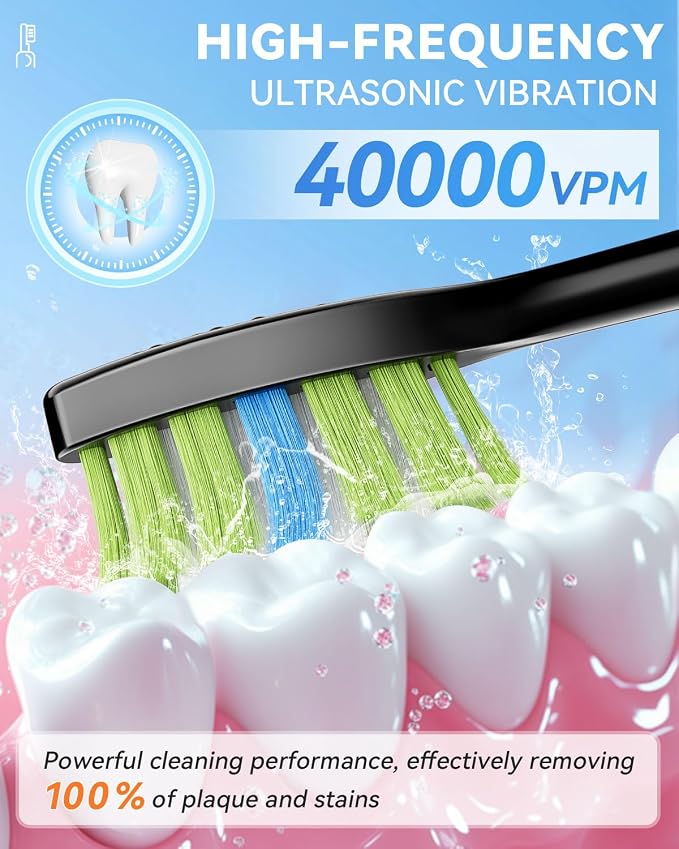 Sonic Electric Toothbrush, Dad Gifts, Fathers Day Gift, Birthday Gifts for Men, 60-Day Battery Life Rechargeable Power Toothbrush with 5 Modes, 2-Min Smart Timer, 7 Brush Heads & Travel Case (Black)