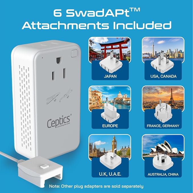 Ceptics Step Down Voltage Converter US to Europe - 200W Convert 220V to 110V for Curling Iron, Straightener, Charger – USB-A & C Fast Charging – SwadApt Type A, B, C, E/F, G, I Included