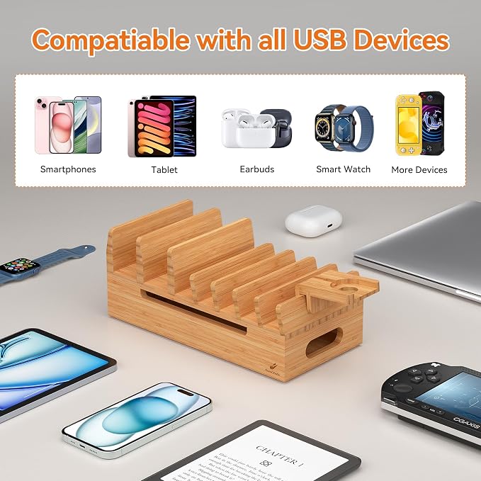 Bamboo Charging Station with Watch Stand, Docking Holder for Multi Device with 5 Charge Cables, Desktop Dock Stations Electronic Organizer for Cellphone, Tablet, Watch(No USB Charger)-Natural Bamboo