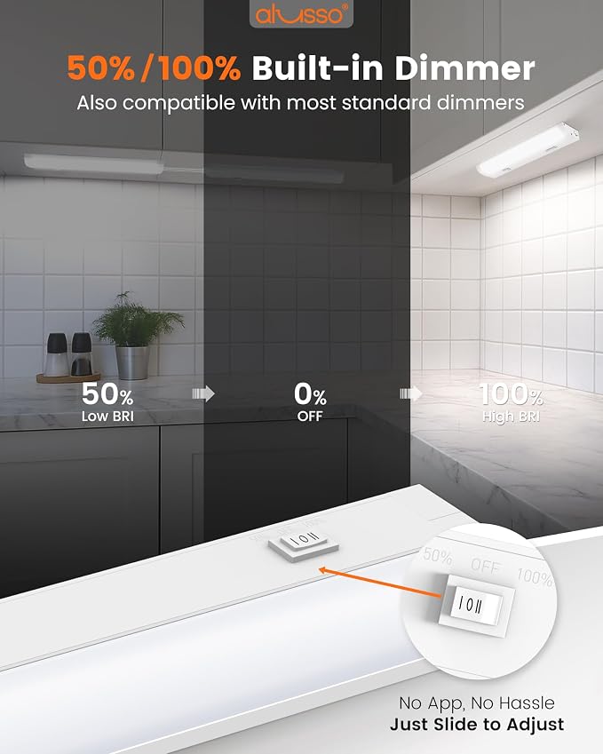 ALUSSO 12 Inch LED Under Cabinet Lighting Hardwired & Plug in 120V, 5CCT Color Selectable 2700K-5000K Dimmable 6W 510LM High Brightness, Strip Linkable Under Counter Lights for Kitchen Sink, 1 Pack