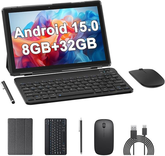 Android 15 Tablets 10 Inch, 2 in 1 Tablet with Keyboard Case, 8GB+32GB ROM/1TB, Quad Core, HD Touch Screen, Dual Carema, Games, Wi-Fi, BT, Google GMS Black