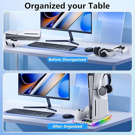 BRHE PS5/Slim/Pro Cooling & Charging Station with Cooling Fan,PS5/Slim/Pro Stand for Disc & Digital Console,PS5 Controller Charger,PS5 Accessories with 3 Charging Ports,Headset Holder