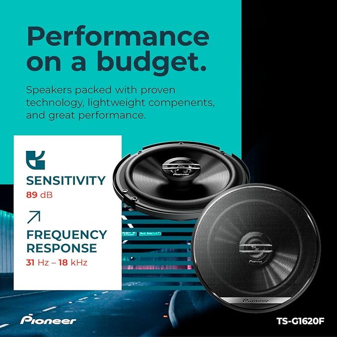 Pioneer G-Series TS-G1620F 6.5” 2-Way Speakers (Pair) – 300W Max, Balanced Sound + Smooth Treble, Great Stock Replacement, High-Efficiency Speaker Designed for OEM Power