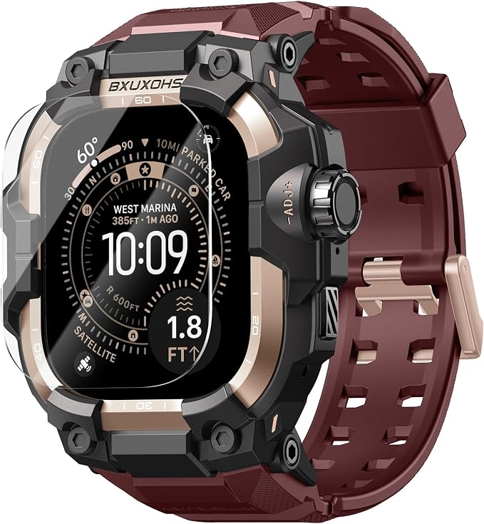 BXUXOHS Rugged Case and Band for Apple Watch Ultra 3/2/1 49mm Men, Military Grade Shockproof Bumper Cover, with 2 Pack Screen Protector, Tactical Band Case for iWatch Ultra 3 2 1 Man, Wine Red