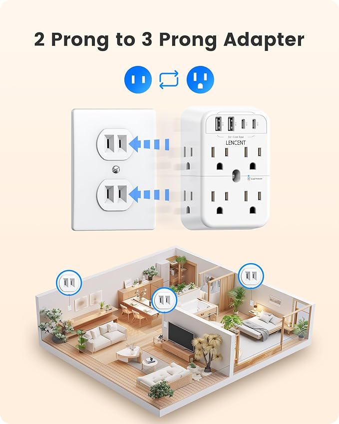 LENCENT 2 Prong Power Strip, 3 to 2 Prong Outlet Adapter, 2 Type C&2 USB, Surge Protector, Polarized Plug, 3-Sided Wide Spaced Extender, Wall Tap Splitter for Non-Grounded Outlets in Old House