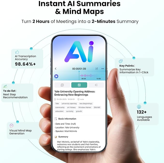 AI Voice Recorder, AI Transcription & Summary, APP Control AI Note Taking Device Supports 132+ Languages, 100H 64GB Memory, Magnetic Audio Recorder for Lectures, Learning, Meetings, Calls, Silver