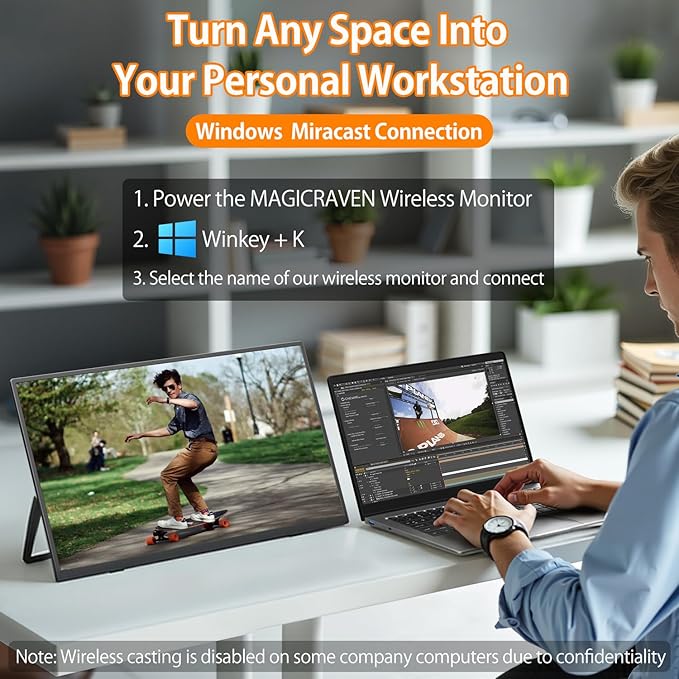 MAGICRAVEN Wireless Portable Monitor for Laptop, 18.5" Portable Monitor with Battery-1080P FHD Second Screen for Home & Office, AirPlay & Miracast Casting, No Cables or Drivers Needed
