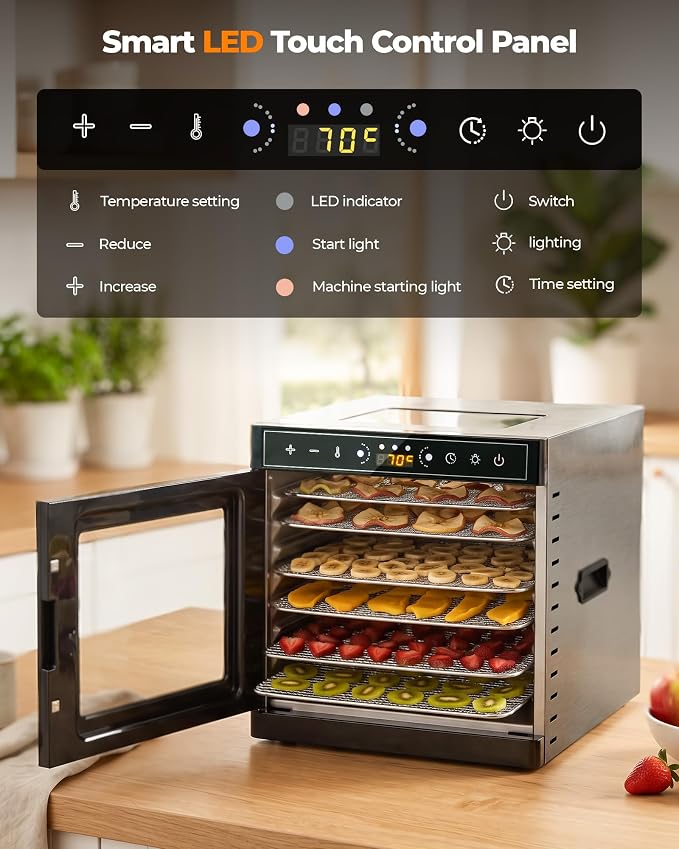 Food Dehydrator Machine 700W Upgrated Drying with 8 Trays, 212°F & 24H Timer, Visual Window, Food Dryer with Dual-Layer Stainless Steel for Home, Fruit, Jerky, Vegetable, Meat, Beef, Dog Treats, Herb