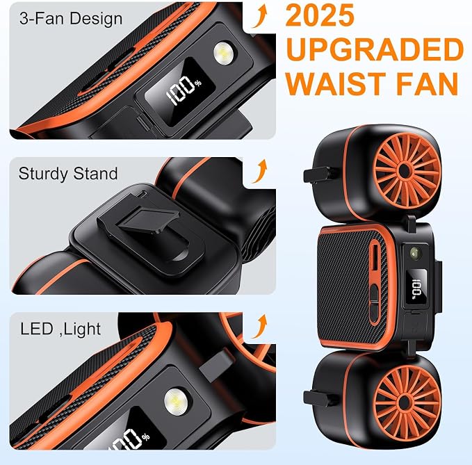 2026 Portable Waist Fan with Dual Small Fans for 10 times Strong Wind & Wide Cooling Area 10000mAh Battery Over 30H Working Time Hands-Free Fan with Belt for Outdoor, Sports (Black Orange)