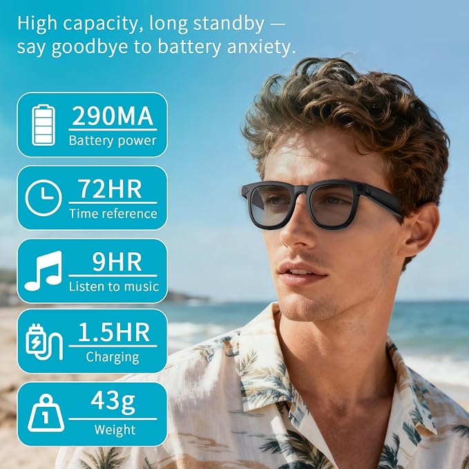 Smart Glasses with Camera & AI, 8MP Photo/Video Recording Glasses with Image Stabilization, Live Translation & Voice Control, Bluetooth Music, for Outdoor Cycling Travel Recording