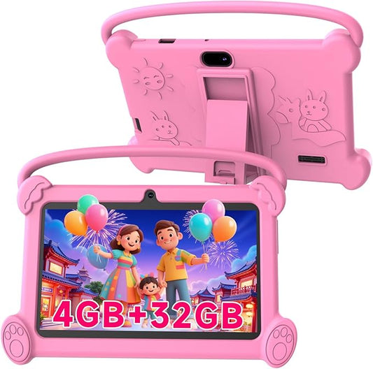 Kids Tablet 7 inch 3-9 for Kids,32GB ROM Toddler with Shockproof Case,Kids Android Software Installed Netflix,YoutTube, aiwawa Apps Parent Controls,Dual Camra, WiFi,FM, GPS (Pink)
