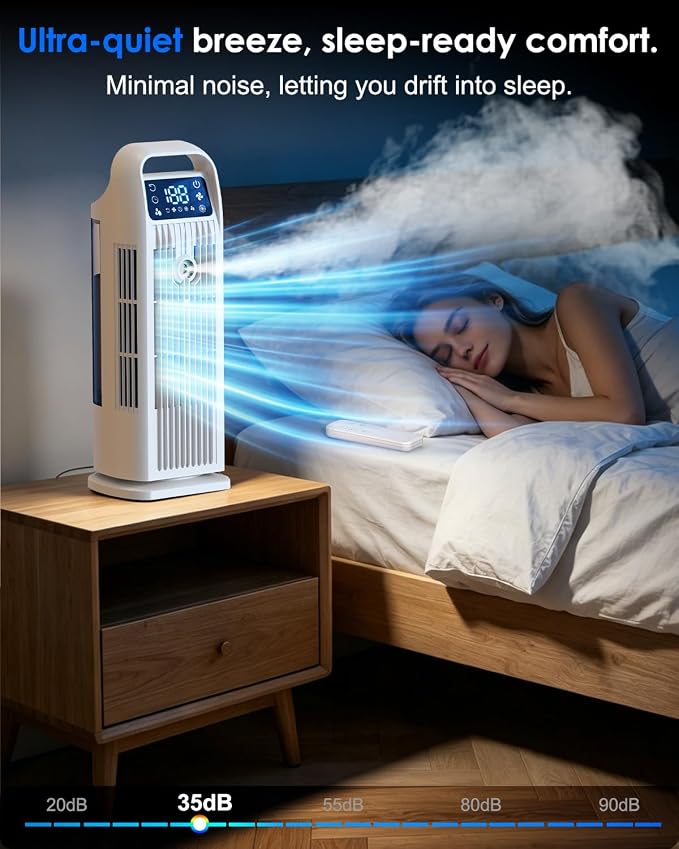 Portable Air Conditioner, 4 in 1 Evaporative Air Cooler with Remote Control, 1200ML Water Tank, 120 Oscillating, 4 Speeds, 12H Timer, Mist Spray Tower Fan for Home Office, White