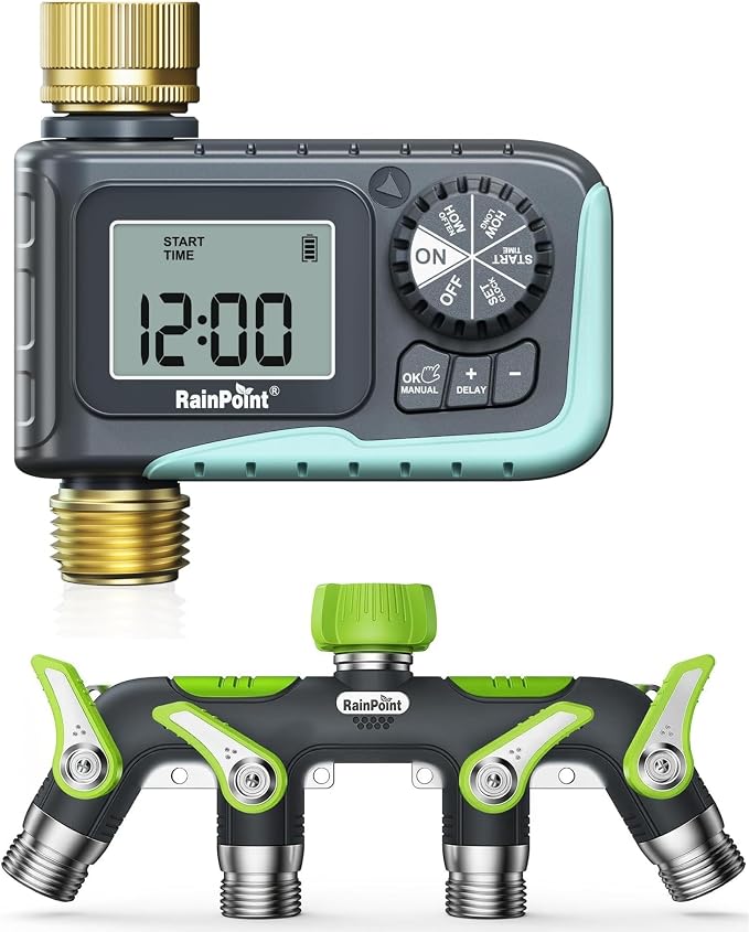 RAINPOINT Sprinkler Hose Timer with 4 Way Heavy Duty Metal Hose Splitter Programmable Watering Timer and 3/4 Inch GHT Spigot Splitter with Individual Shut Off Valves for Faucet and Drip Irrigation