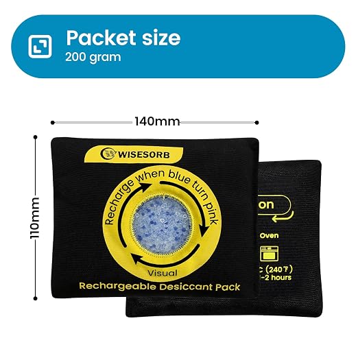Wisesorb 200g Reusable Silica Gel Desiccant, Color Indicating Rechargeable Desiccant Packs for Storage, Moisture Absorbers for Storage, Gun Safes, Suitcases, 3D Filaments, Electronics, Car[3 Pack]