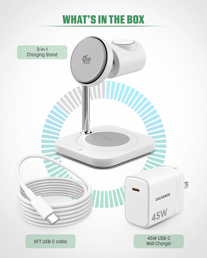 Galvanox Qi2.2 25W Magnetic Wireless Charging Stand for Samsung - 3 in 1 Charger Station (Phone, Galaxy Watch and Earbuds) with Super Fast (45W) Wall Adapter (Compatible with MagSafe)