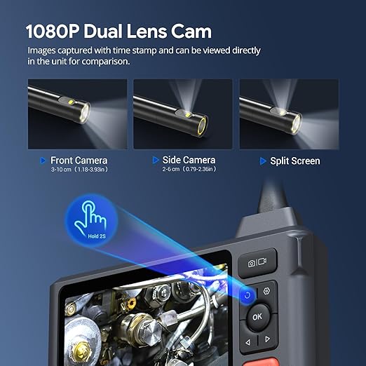 50FT Sewer Inspection Camera, DEPSTECH 1080P Dual Lens Endoscope with Lights, 5" IPS Screen Borescope Tool, Split Screen, IP67 Waterproof, 7.9mm Snake Scope Drain Camera for Wall Drain Pipe Automotive