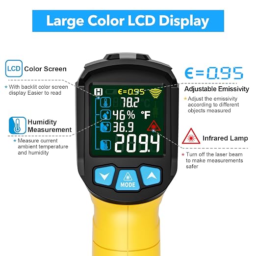 Infrared Thermometer Gun, TEMIRUP Non Contact Digital IR Laser Thermometer Temperature Gun with Probe for Cooking, Pizza Oven, Griddle, Humidity Measurement, Adjustable Emissivity -58°F to 1472°F