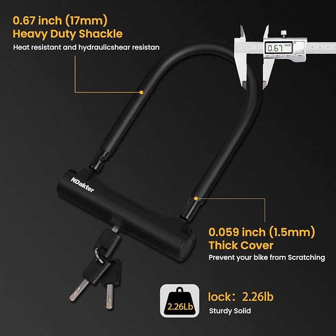 NDakter Bike Locks,17mm Shackle Heavy Duty Anti Theft Bike U Lock with 3 Keys ANG Sturdy Mounting Bracket, Perfect for Bicycles Scooters Mountain, Electric, Folding Bike, Moped, Tricycle