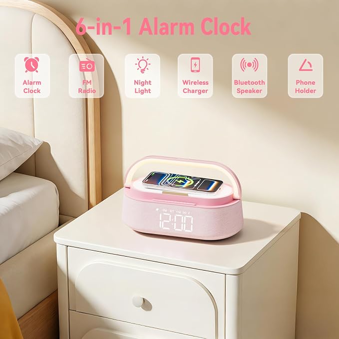 FREEFISH 6 in 1 Bluetooth Speaker with Wireless Charge, FM Radio, Night Light, Snooze, Phone Stand, Bedroom Portable Speaker 2500mAh Battery Dual Speakers for Bedside, Home, Office, Gift (Pink)