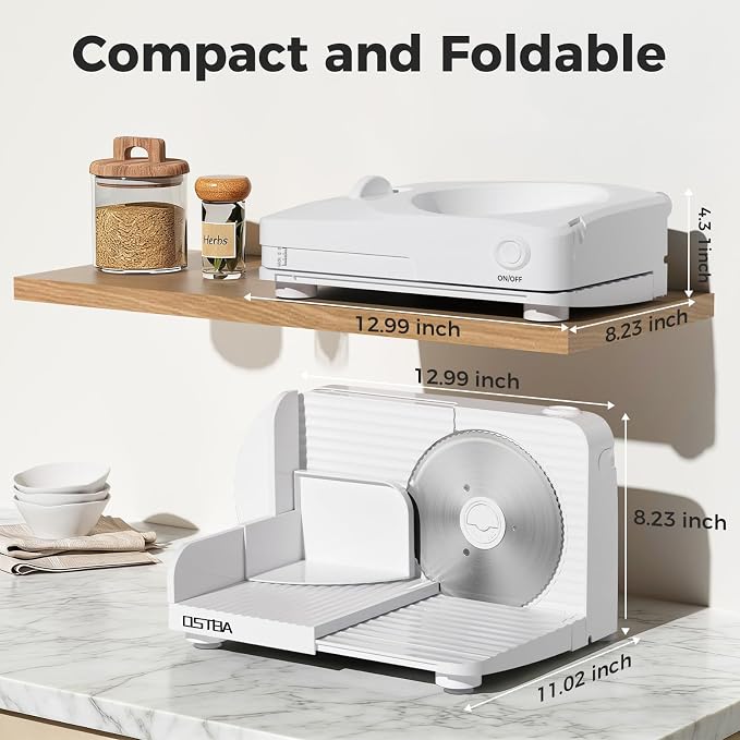 OSTBA Foldable Electric Food Slicer, Adjustable Thickness 0–15mm, 6.7” Stainless Steel Blade, 150W Motor, Portable & Easy-to-Clean Meat, Cheese, Bread, and Vegetable Slicer for Home Kitchen, White