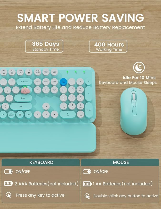 Wireless Keyboard and Mouse Combo - Cute Typewriter Keyboard with Detachable Wrist Rest, Retro Round Keycaps, Foldable Legs, 2.4GHz Full-Size for PC, Laptop, Windows - Trueque (Glacier Blue)