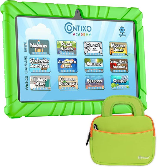 Contixo 7 inch Kids Tablet - V8 Tablet for Kids and Sleeve Bag Bundle, Age 3-7, Learning Tablet for Children with Teacher's Approved Apps, 32GB, Android 11, Parental Controls - Green (Boys & Grils)