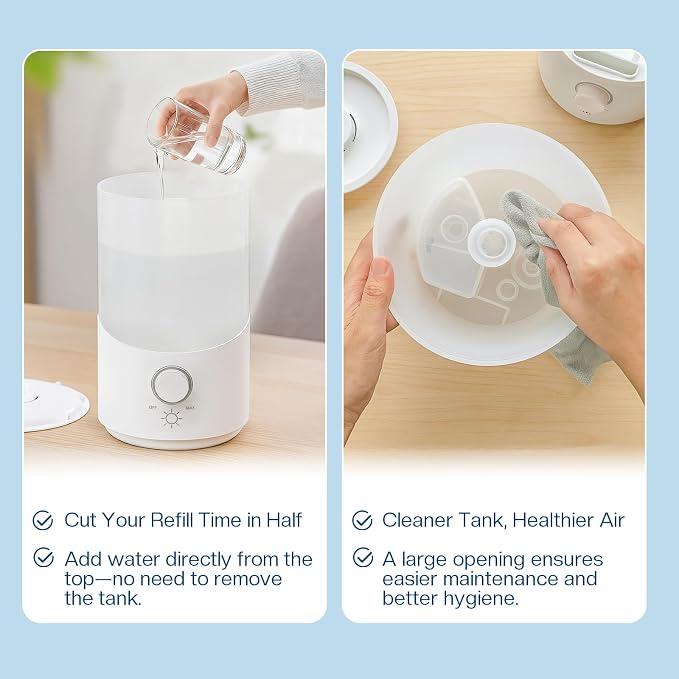 Cool Mist Humidifier for Bedroom, 3L Top Fill Ultrasonic Air Humidifier with Adjustable Knob Control, Quiet Operation, Auto Shut-Off, BPA-Free for Home, Baby, Office, Plants 6L