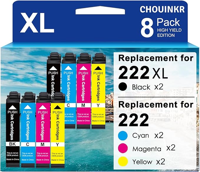 Remanufactured Ink Cartridges for Epson 222 222XL Ink Cartridges Combo Pack Works with Workforce WF-2960, Expression XP-5200 (2 Black 2 Cyan 2 Magenta 2 Yellow, 8 Pack)