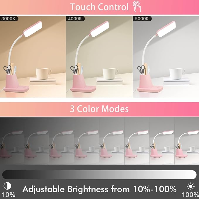 Pink Desk Lamp, Small Desk Lamp with Pen Holder, Wireless Charger LED Desk Lamps for Home Office, Kids Desk Lamps 800LM Flexible Arm 3 Modes Dimmable Touch, Study Lamps for College Dorm Room