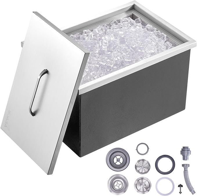VEVOR Drop in Ice Chest, 22" L x 17" W x 12" H Stainless Steel Ice Cooler, Commercial Ice Bin with Cover, 46 qt Outdoor Kitchen Ice Bar, Drain-Pipe and Drain Plug Included, for Cold Wine Beer