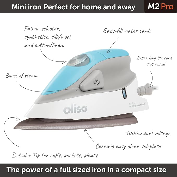 oliso M2Pro Mini Steam Iron with Solemate® – 1000 Watt Dual Voltage Travel Iron for Sewing, Quilting, and Crafting – Ceramic Soleplate, Precision Tip – Turquoise