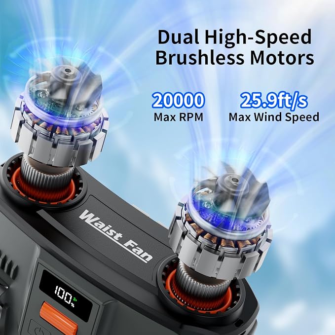 20000mAh Portable Waist Fan Rechargeable, Personal Cooling Fan Clip on Wearable Belt Shirt, 100-Speed Battery Operated & 20000RPM Dual Motors, Hands-Free Neck Fan for Outdoor Jobsite Travel