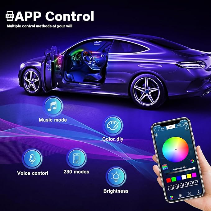 Dreamcolor Acrylic Interior Car LED Strip Light with Wireless APP, RGB 10 in 1 with 175 inches 593 Neon Car Ambient Lighting Kits, Dynamic Chasing Music Sync LEDs Fiber Optic Strip Lights for Car