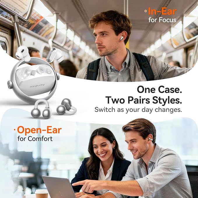 Kinglucky 2-in-1 Wireless Earbuds, in-Ear & Open Ear Clip-On Earbuds Comfortable fit, Bluetooth Headphones 5.4 with Noise Cancelling Mic, Power Swap Charging, Up to 50H, White