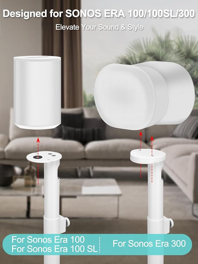 Haturi Speaker Stands Pair for Sonos ERA 300, ERA 100 SL & ERA 100, 22''–42" Adjustable Height Floor Stands with Cable Management, Heavy Duty Metal Basem, Speaker Mount White
