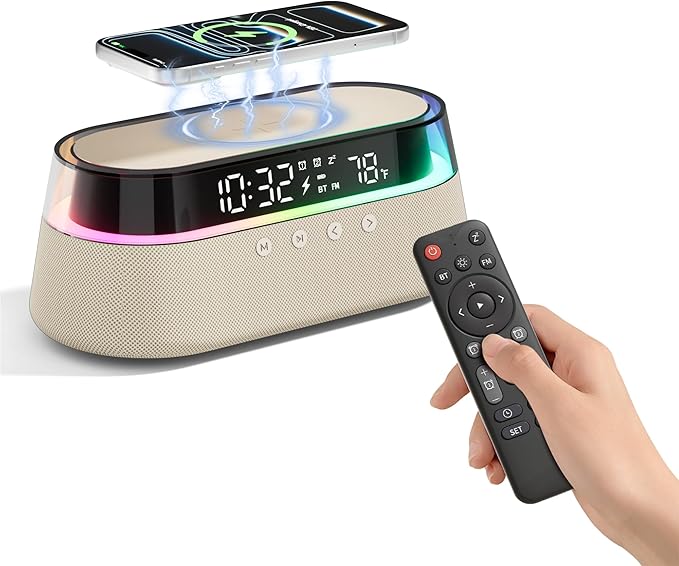 6-in-1 Bluetooth Speaker Alarm Clock with Remote, 15W Fast Wireless Charger, FM Radio & Dimmable LED Night Light, Dual Digital Clock for Bedroom Home Office, Ideal Gifts for Him, Men Women