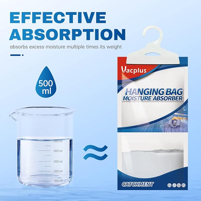 Vacplus Moisture Absorbers 30 Pack, Fragrance Free Hanging Humidity Packs with Sturdy Hook, Effective Closet Dehumidifier for Bathroom, Laundry Room, Basement, 9.8Oz
